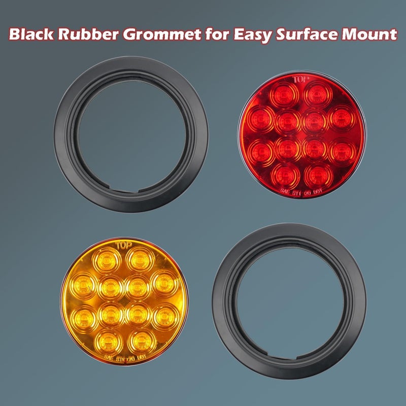 fouwick 2Pcs 4.2 inchRed Round LED tail trailer light 12 LEDs IP67 Waterproof Stop Brake Turn Signal Reverse marker Tail Light Surface Mount, Light for boat trailer (4" Round Yellow 1) - Image 3